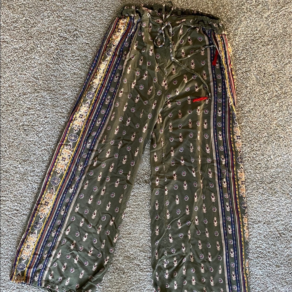 Army Green Bohemian Pants with Flower Print